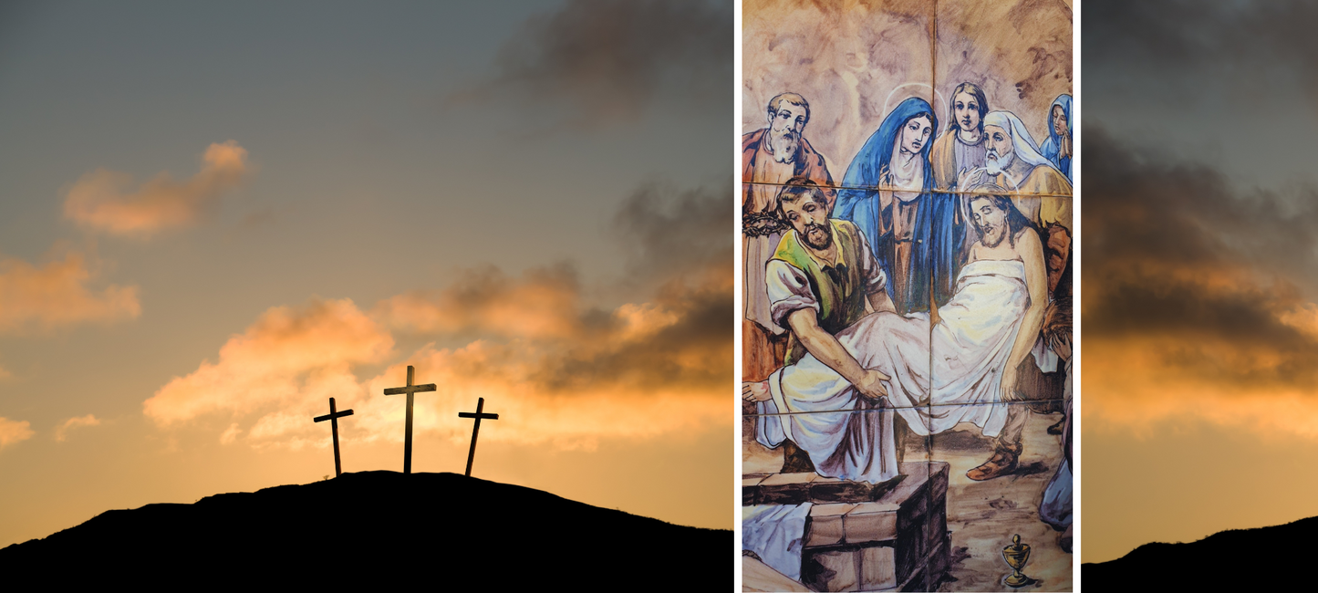 Zwei Szenen zu Ostern: links drei Kreuze auf einem Hügel im Sonnenuntergang – Symbol der Kreuzigung; rechts ein traditionelles Fliesenbild (Azulejo) mit der Darstellung von Jesu Grablegung, umgeben von trauernden Personen.