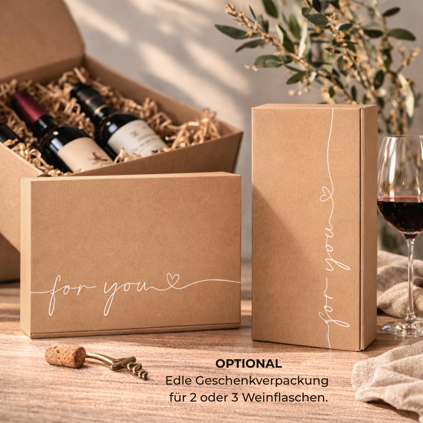 Wein Geschenkverpackung für 2–3 Flaschen – Geschenkbox Wein mit Grußkarte
