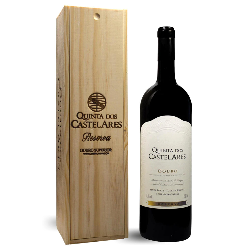 Quinta dos Castelares Reserva, Rotwein aus dem Douro / Portugal. Rotwein, Weinflasche mit Holzkiste als Einzelverpackung.