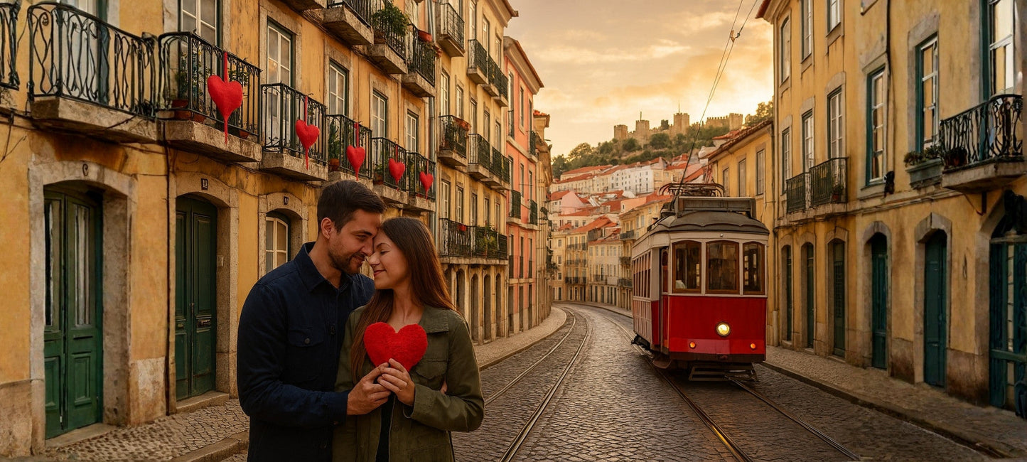 Paar mit Herz in einer romantischen Straße in Lissabon, rote Straßenbahn und Herzdekorationen an den Fassaden im Abendlicht.