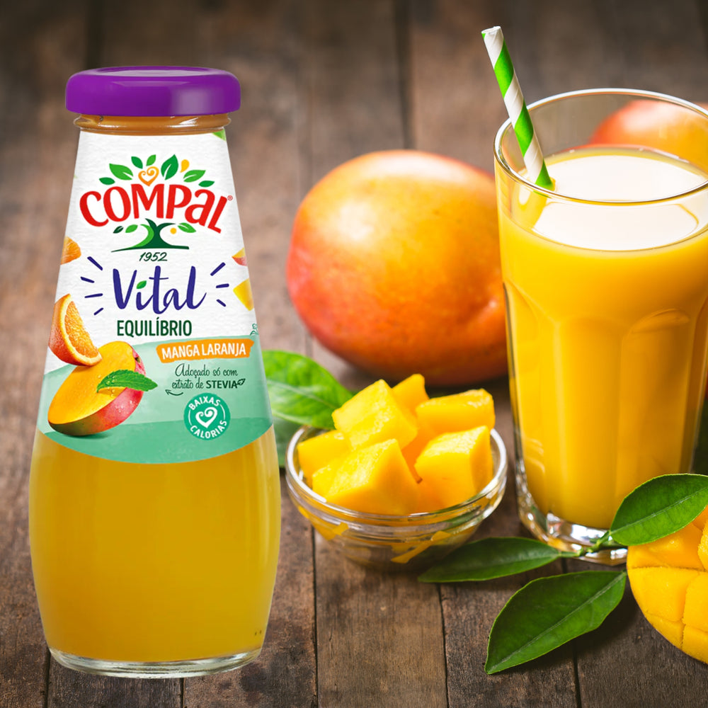 
                  
                    Compal Vital Mango Orange 200 ml – kalorienarmer Fruchtnektar mit Mango und Orange, 40 % Fruchtanteil, gesüßt mit Stevia, ohne Zuckerzusatz
                  
                