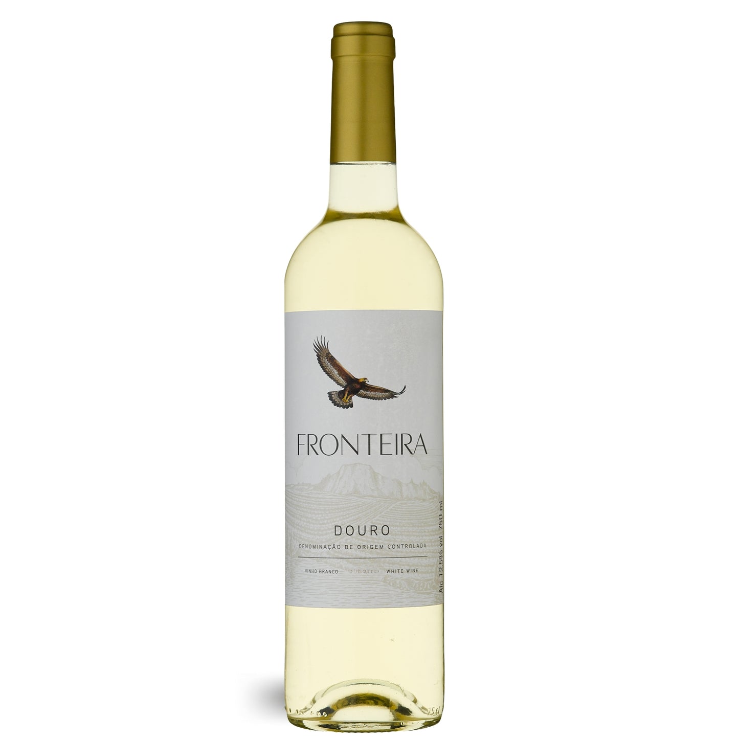 Flasche Fronteira Colheita Weißwein aus dem Douro-Gebiet, Portugal. Das Etikett ist weiß und zeigt einen Adler im Flug über einer Berglandschaft, darüber der Schriftzug „FRONTEIRA“ und darunter „DOURO“. Der Wein ist hellgelb und die Flasche hat einen goldenen Schraubverschluss.