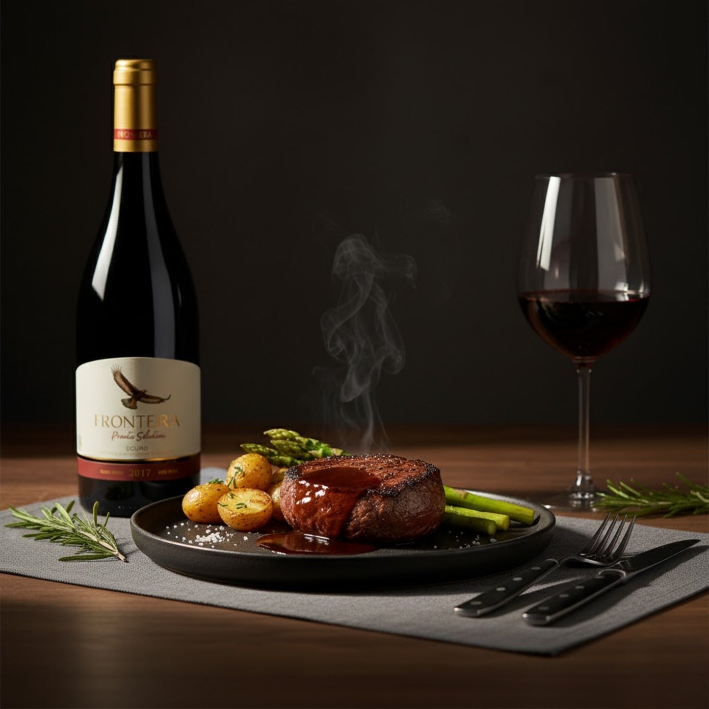 Flasche Fronteira Private Selection Rotwein (Vinho Tinto) aus dem Douro-Gebiet, Jahrgang 2017. Der Wein ist tiefdunkelrot/violett. Das helle Etikett zeigt einen fliegenden Adler in Braun-Goldtönen. Der Schriftzug lautet „FRONTEIRA Private Selection DOURO“. Die untere Kante des Etiketts ist rot und zeigt den Jahrgang 2017. Die Flasche hat einen goldenen Schraubverschluss.