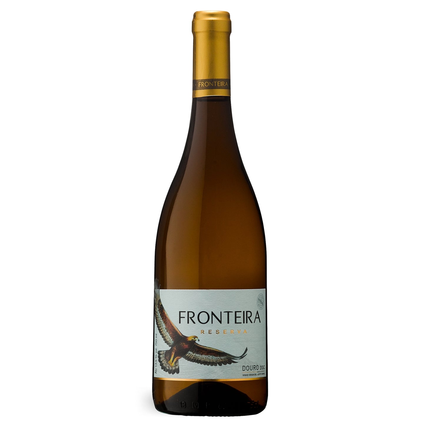 Flasche Fronteira Reserva Weißwein aus dem Douro-Gebiet, Portugal. Der Wein ist dunkelgelb/bernsteinfarben und die Flasche ist bauchiger als das Standardmodell. Das Etikett ist weiß und zeigt einen goldbraunen Adler, der auf die Seitenkante blickt, darüber der Schriftzug „FRONTEIRA RESERVA“ und darunter „DOURO DOC“. Die Flasche hat einen goldenen Schraubverschluss.