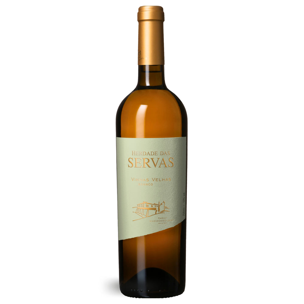 HERDADE DAS SERVAS VINHAS VELHAS 2020, Weißwein aus dem Weinversand der Vinho Bar in Wuppertal. Flasche vor weißem Hintergrund.