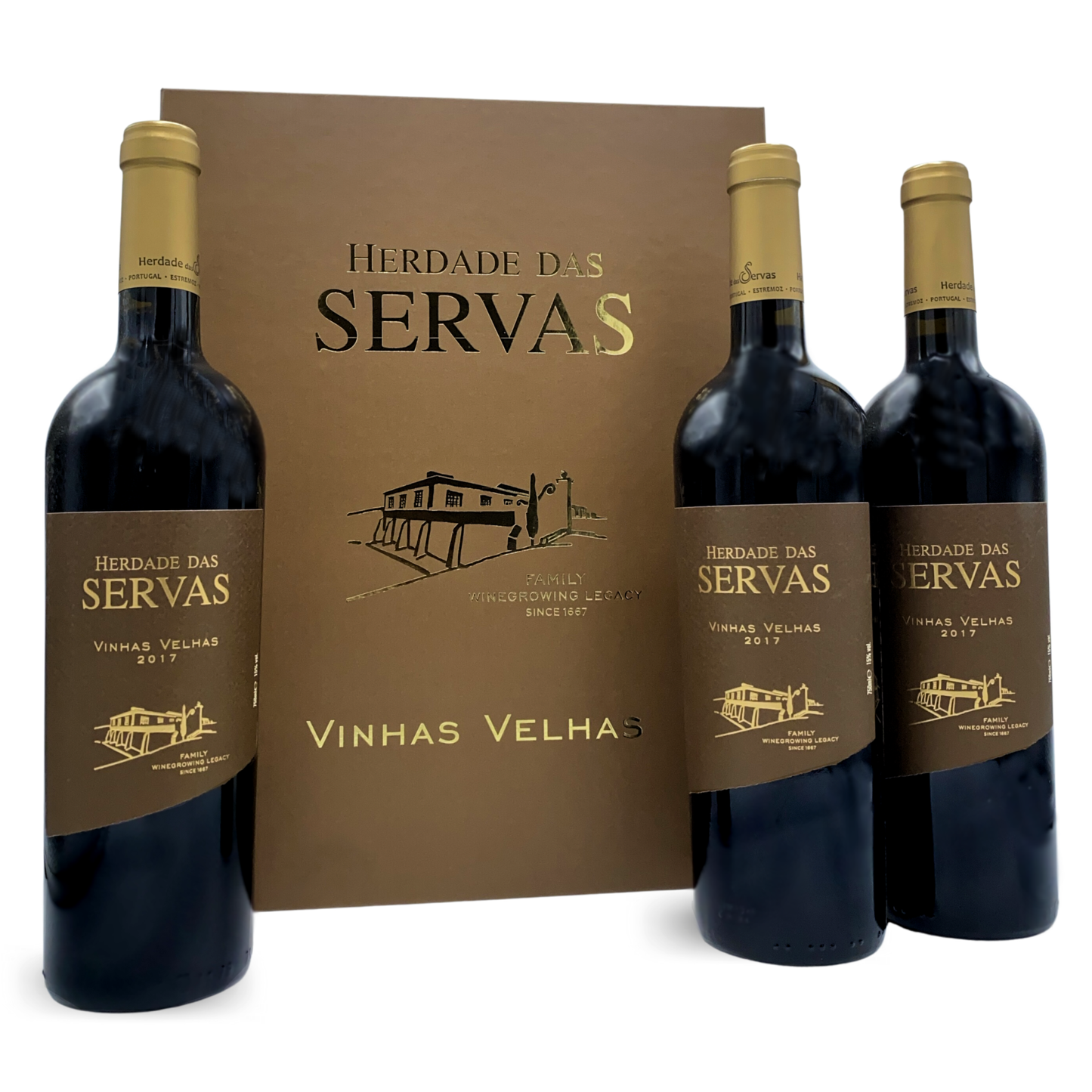 HERDADE DAS SERVAS VINHAS VELHAS: Rotwein vom Weingut Herdade das Servas aus der Region Estremoz – Alentejo/Portugal. 3er Set in schöner Holz-Weinkiste.
