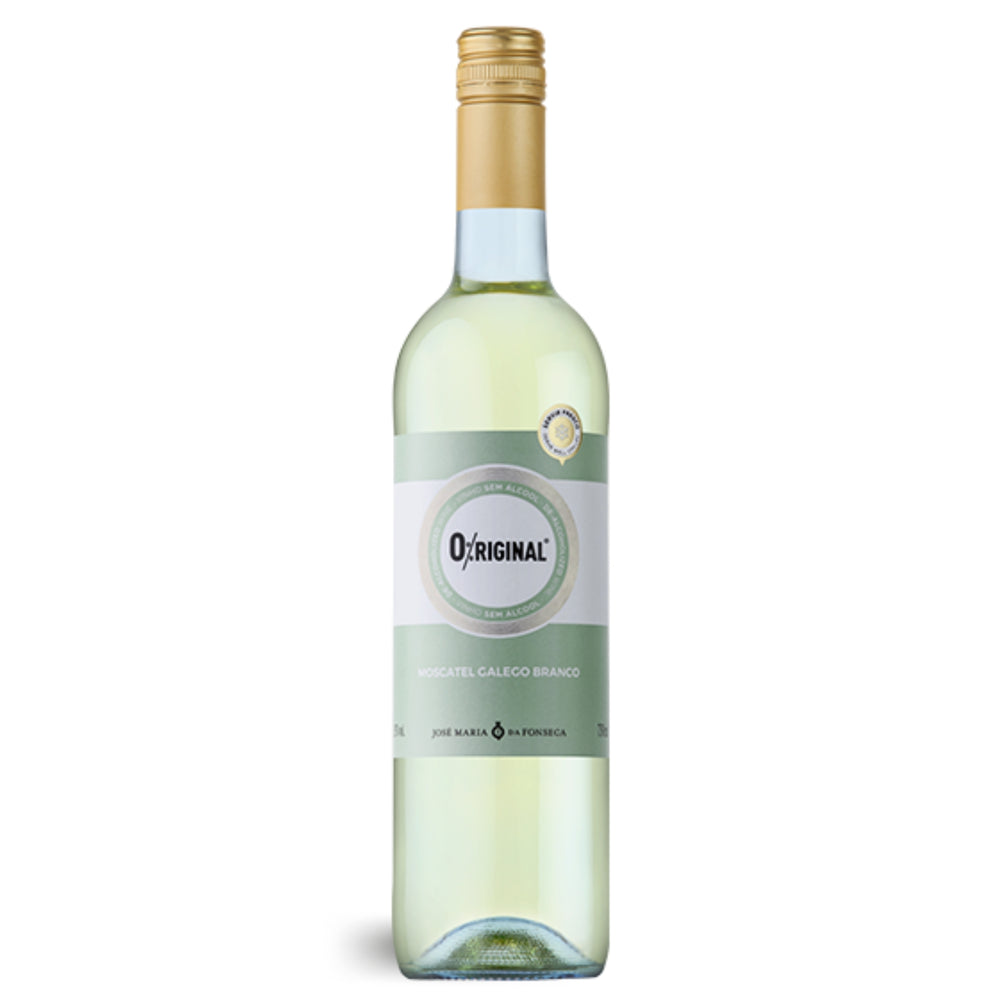 Flasche des alkoholfreien Weißweins „O%riginal Weiß 2024“ von José Maria da Fonseca – limettengrünes Etikett, 75 cl, aus Portugal, Halbinsel Setúbal.