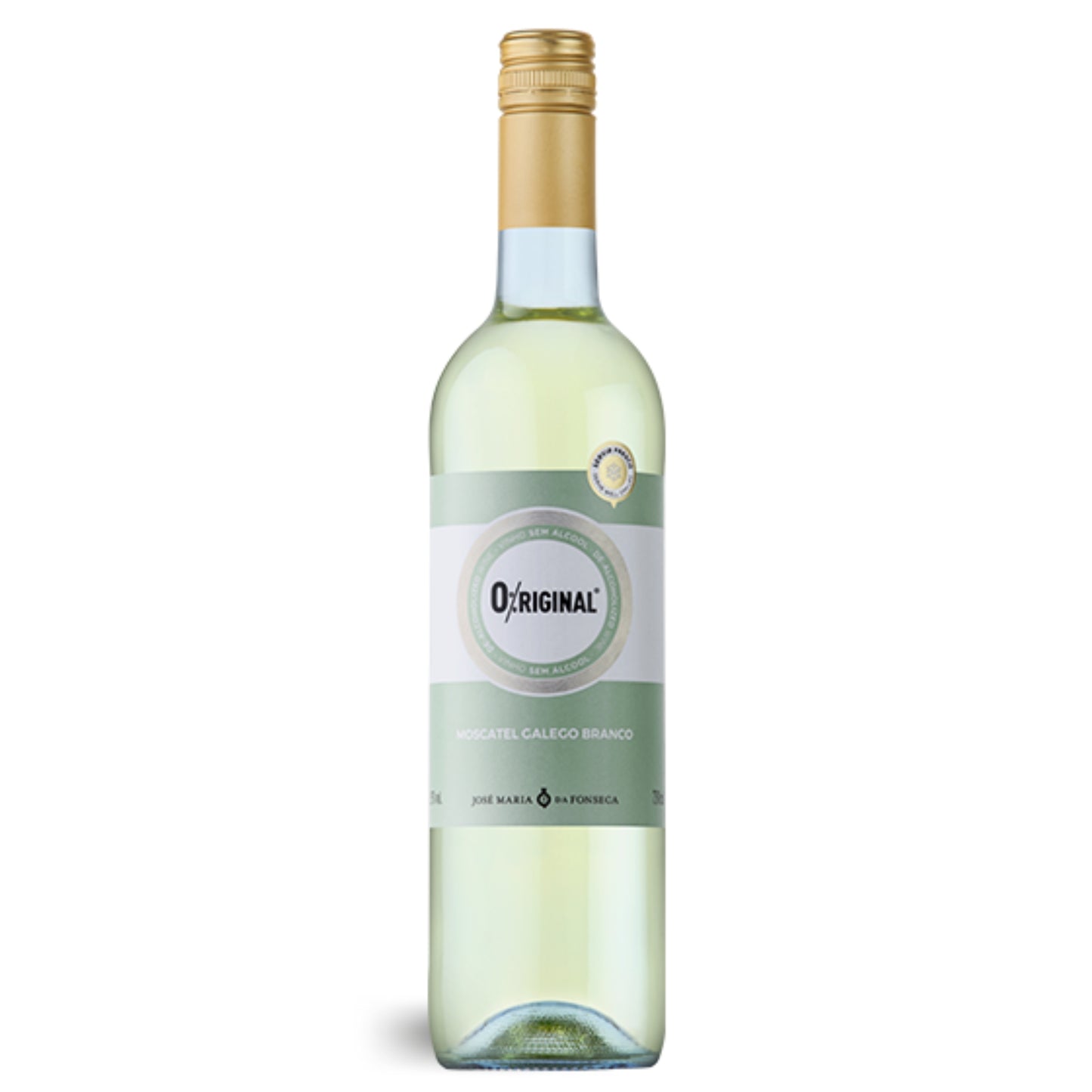 Flasche des alkoholfreien Weißweins „O%riginal Weiß 2024“ von José Maria da Fonseca – limettengrünes Etikett, 75 cl, aus Portugal, Halbinsel Setúbal.