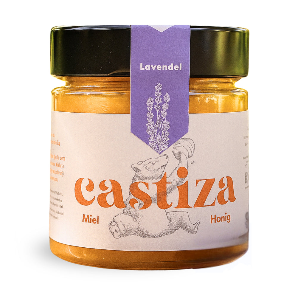 Glas Lavendelhonig 300 g von Miel Castiza – spanischer Honig mit floraler Lavendelnote, hell-bernsteinfarben, ideal für Feinschmecker und Gourmetküche.