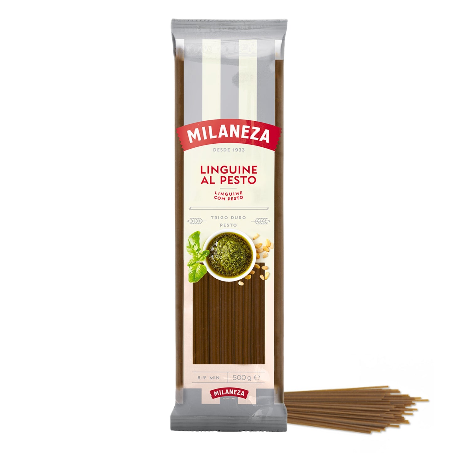Verpackung der Milaneza Linguine al Pesto – grüne Pasta mit integriertem Pesto aus Basilikum, Knoblauch, Spinat und Käse, ideal für mediterrane Gerichte.
