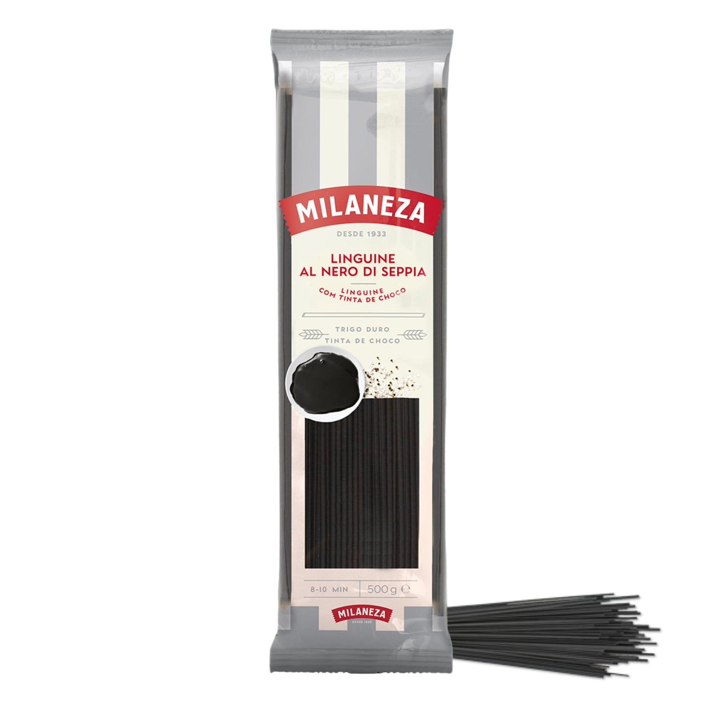 Verpackung Milaneza Linguine al Nero di Seppia – schwarze Pasta mit Tintenfischtinte aus 100 % Hartweizengrieß, ideal für Fisch- und Meeresfrüchtegerichte.