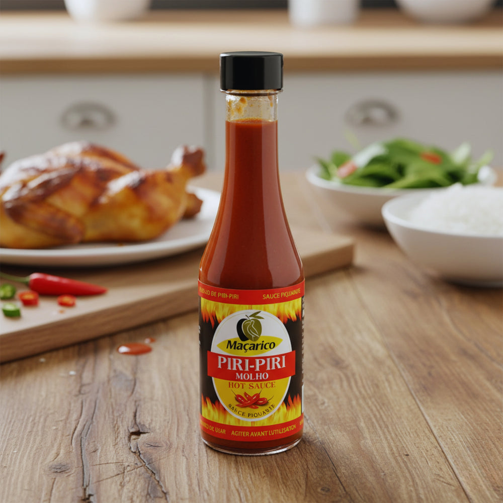 Flasche Maçarico Piri-Piri Molho Hot Sauce, portugiesische Chilisauce mit 45 % Piri-Piri-Chilis, feurig-scharf und ideal zu gegrilltem Fleisch, Fisch oder Gemüse.