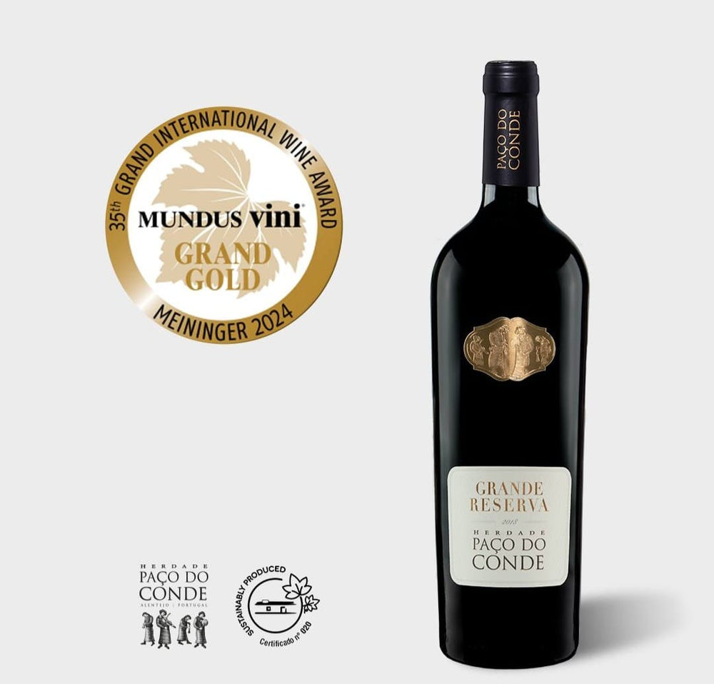 HERDADE PAÇO DO CONDE GRANDE RESERVA 2018. Auszeichnung MUNDUS vini Grand Gold, Meininger 2024