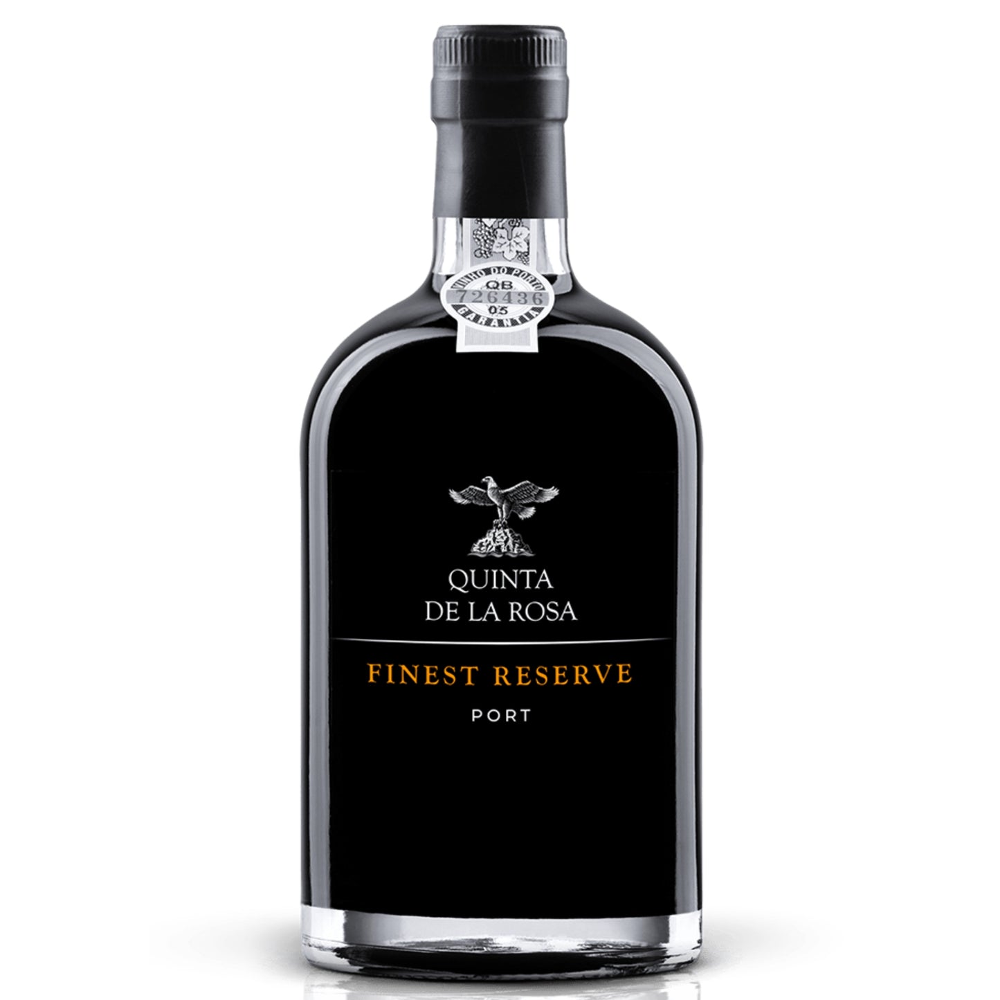 Klares Freisteller-Foto einer Flasche Quinta de la Rosa Finest Reserve Port auf weißem Hintergrund, das das edle Design und das Etikett des Portweins hervorhebt.