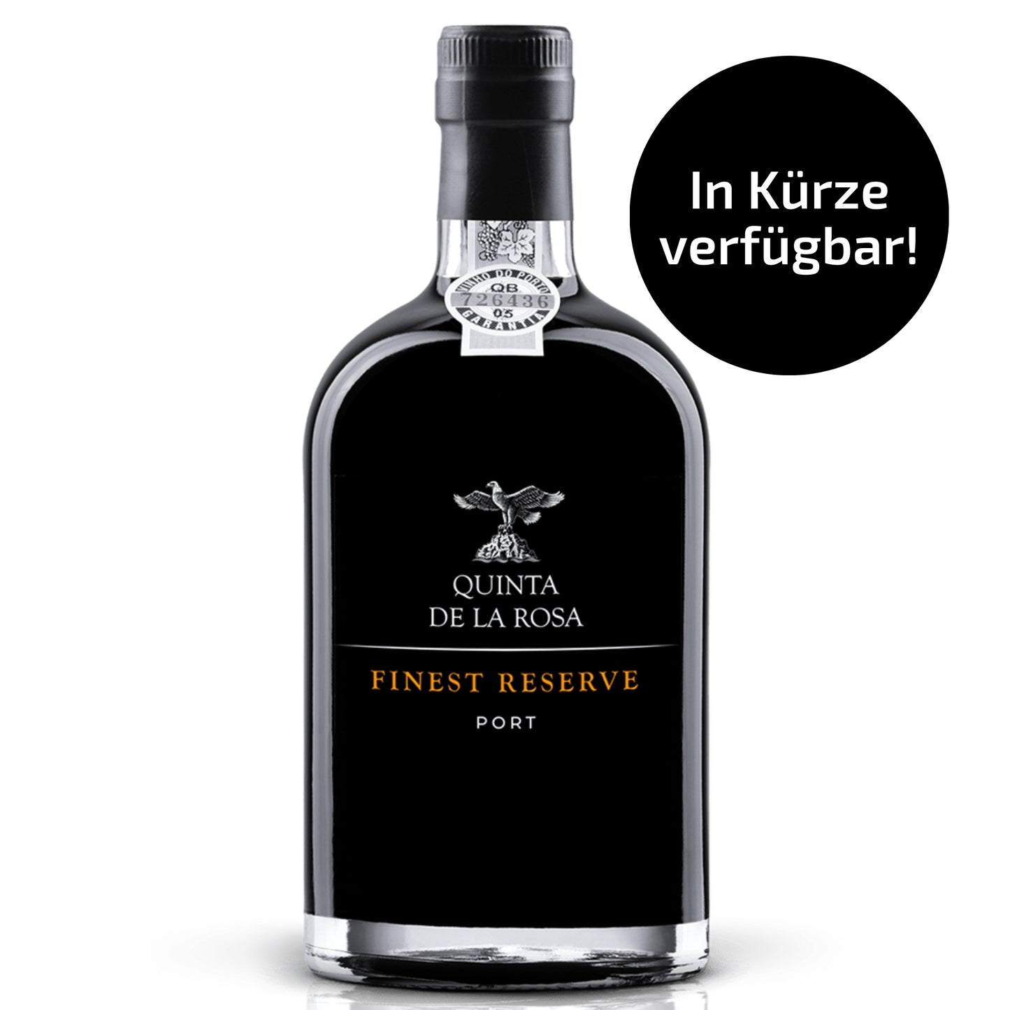 Klares Freisteller-Foto einer Flasche Quinta de la Rosa Finest Reserve Port auf weißem Hintergrund, das das edle Design und das Etikett des Portweins hervorhebt.