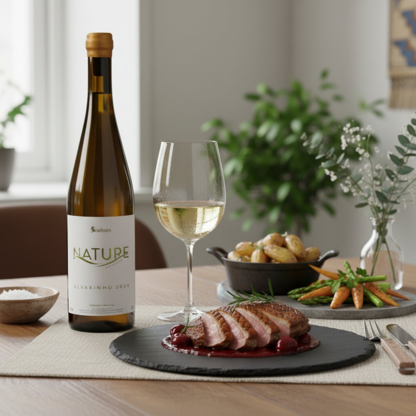 Ein exquisites Entengericht, zart rosa gebraten und mit einer fruchtigen Sauce verfeinert, serviert mit frischen Beilagen wie Rosmarinkartoffeln und knackigem Spargel. Daneben steht eine Flasche Soalheiro Nature Alvarinho 2024 und ein gefülltes Weinglas, bereit, die Aromen dieses kräftigen Gerichts perfekt zu ergänzen. Einladende Tischdekoration mit frischem Grün und dezenter Beleuchtung schafft eine genussvolle Atmosphäre. Ideal für besondere Anlässe und Feinschmecker.