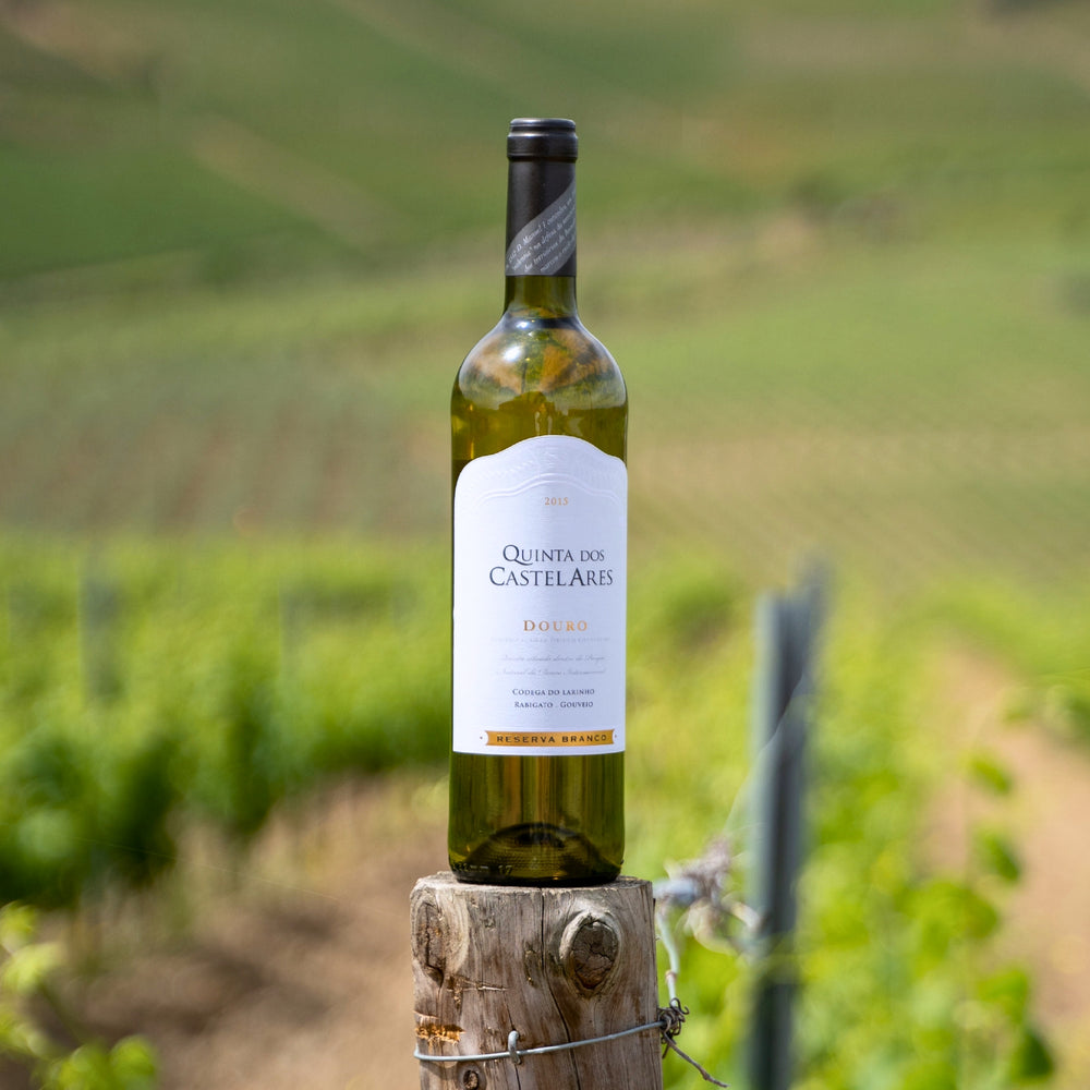 
                  
                    Quinta dos Castelares,  Reserva Weißwein / Biowein aus dem Douro / Portugal.  Falsche in der Natur auf einem Zaunpfahl.
                  
                