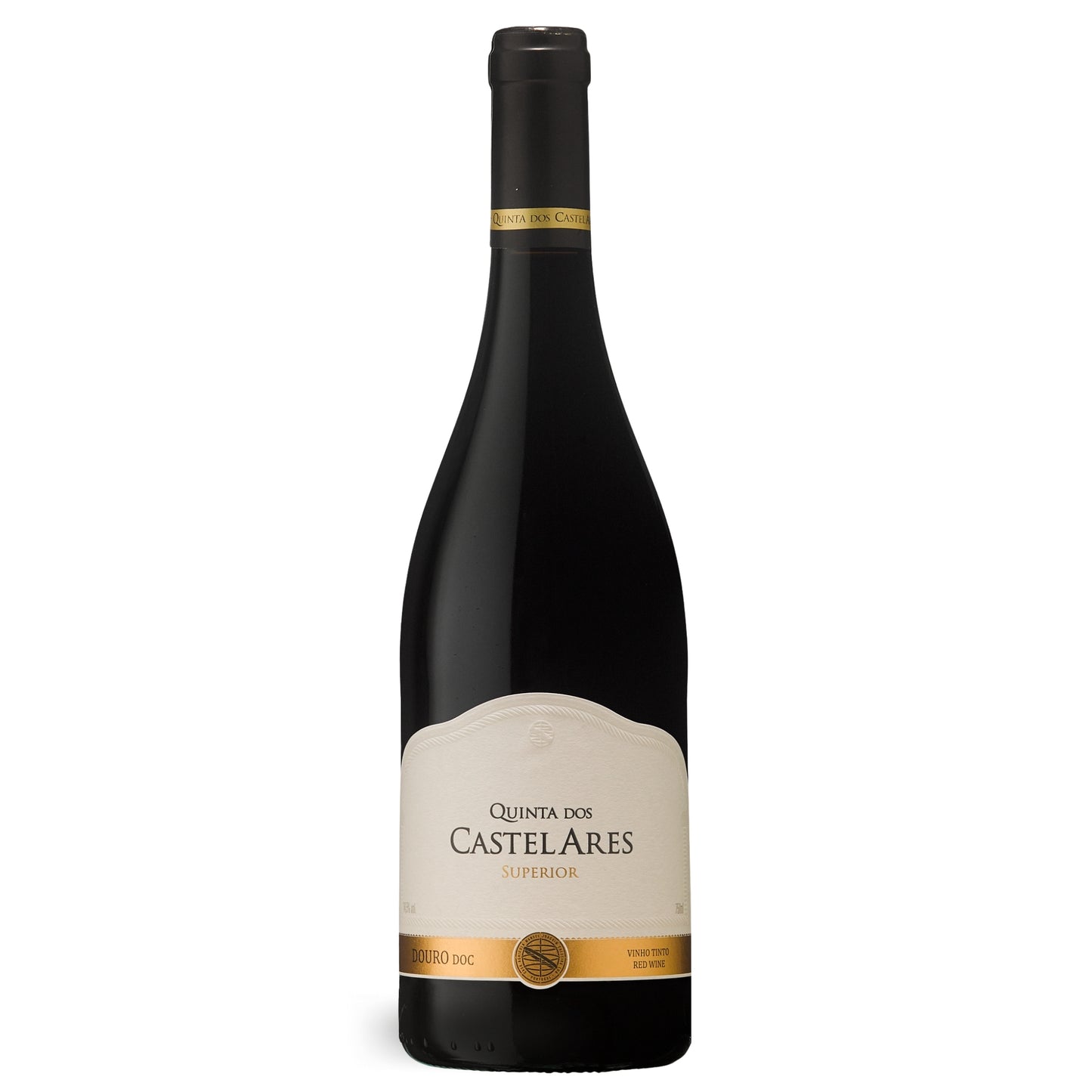 Flasche Quinta dos Castelares Superior Rotwein (Vinho Tinto) aus dem Douro DOC-Gebiet. Der Wein ist sehr dunkel, fast undurchsichtig. Das breite Etikett ist cremefarben/weiß und trägt den Schriftzug „QUINTA DOS CASTELARES SUPERIOR“. Am unteren Rand befindet sich eine goldene, dekorative Leiste mit einem runden Emblem. Die Flasche hat einen schwarzen Verschluss und eine goldene Banderole mit dem Namen „Quinta dos Castelares“ am Flaschenhals.
