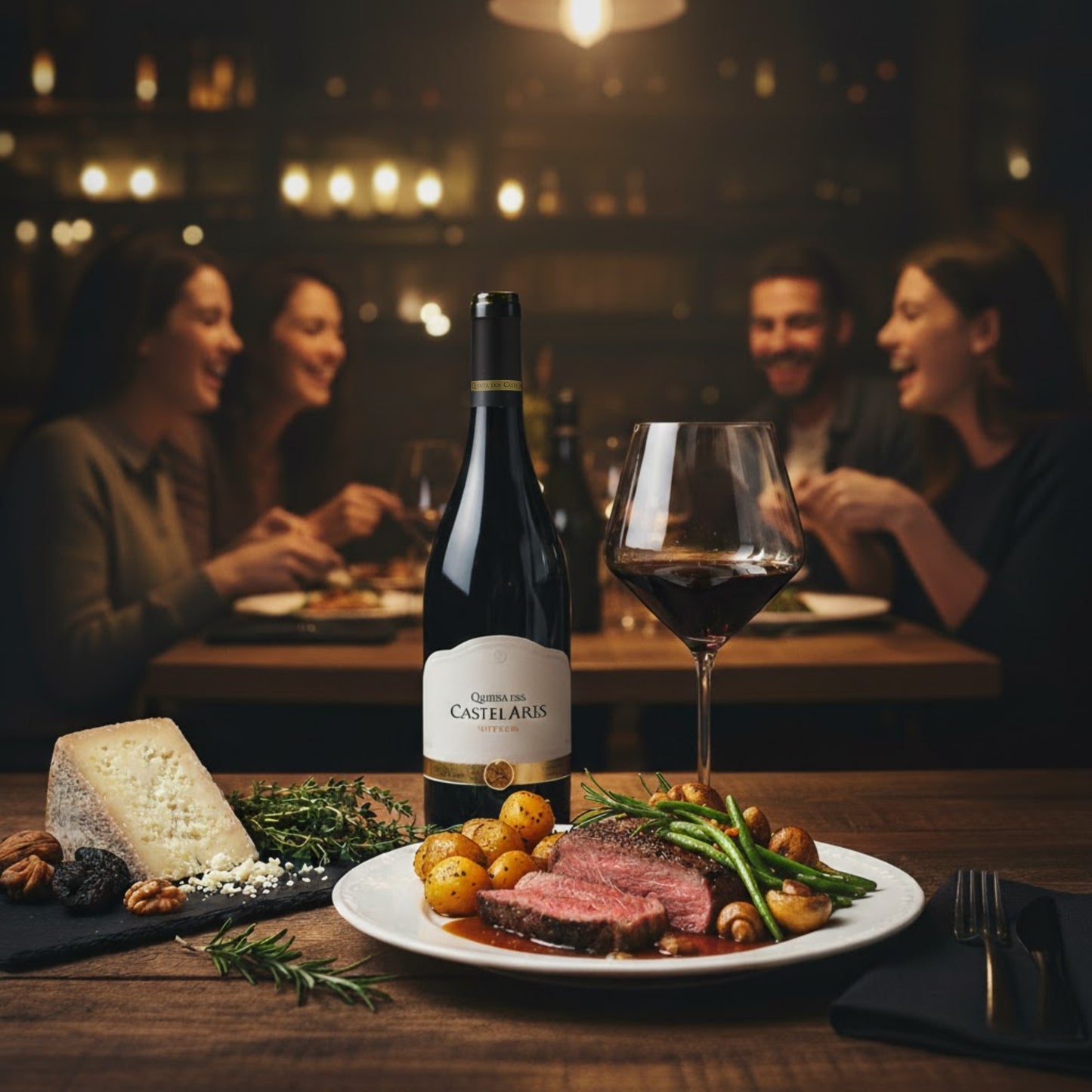 Flasche Quinta dos Castelares Superior Rotwein (Vinho Tinto) aus dem Douro DOC-Gebiet. Der Wein ist sehr dunkel, fast undurchsichtig. Das breite Etikett ist cremefarben/weiß und trägt den Schriftzug „QUINTA DOS CASTELARES SUPERIOR“. Am unteren Rand befindet sich eine goldene, dekorative Leiste mit einem runden Emblem. Die Flasche hat einen schwarzen Verschluss und eine goldene Banderole mit dem Namen „Quinta dos Castelares“ am Flaschenhals.