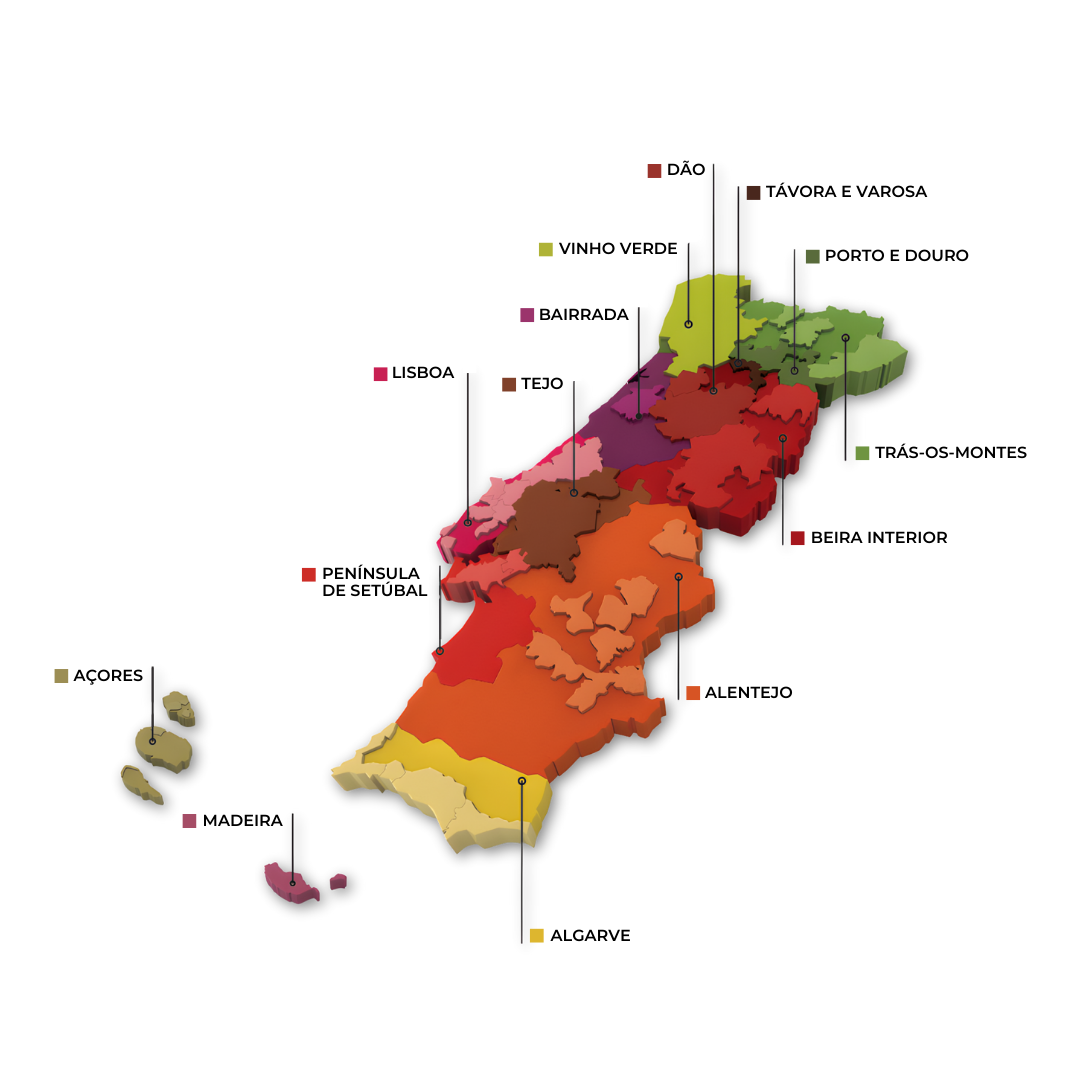 Übersichtskarte der Weinregionen Portugals mit Markierungen für Vinho Verde, Porto und Douro, Dão, Alentejo, Lisboa und weitere bedeutende Anbaugebiete.