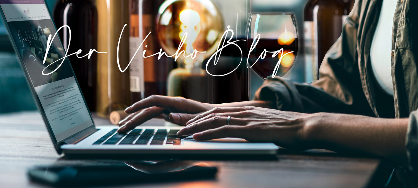 Der Blog von Vinho Bar in Wuppertal, Bloggerin Catrin George Ponciano, Schriftstellerin und Autorin aus Portugal. Bild mit Notebook an dem eine Person sitzt und schreibt, im Hintergrund ein Rotweinglas.