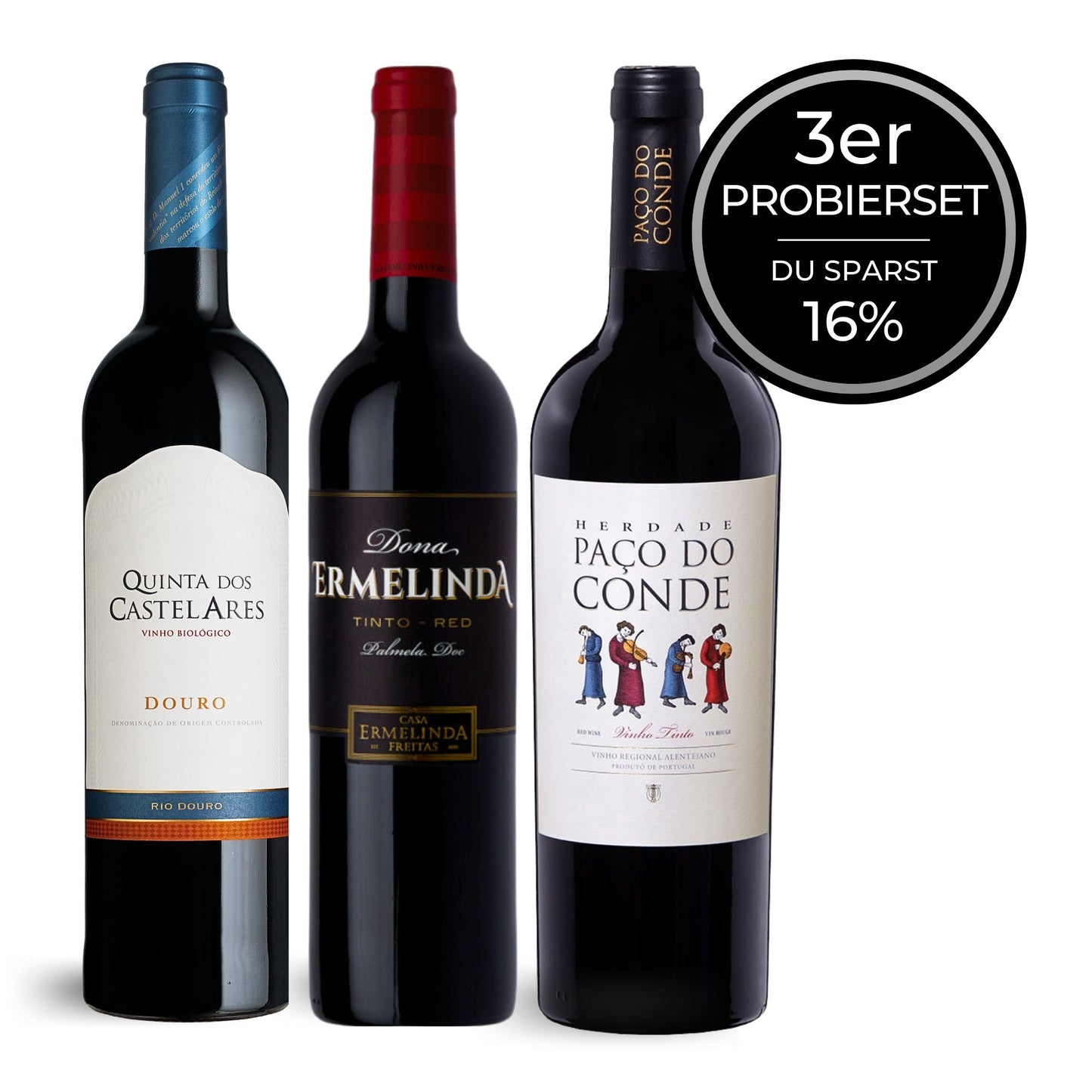 ROTWEIN-TRIO: KOSTPROBEN FÜR GESELLIGE MOMENTE
Entdecke die Vielfalt portugiesischer Rotweine mit unserem köstlichen Rotwein-Trio:

1. QUINTA DOS CASTELARES ROTWEIN 2021
Heißblütig und elegant mit Aromen vollreifer Beeren und Gewürze. Ideal zu gegrilltem Fleisch und Wildgerichten.

2. HERDADE PAÇO DO CONDE ROTWEIN 2021
Kräftig und granatrot, mit intensiven Noten von Kirschen und Wildbeeren. Perfekt zu rotem Fleisch und intensiven Käsesorten.

3. DONA ERMELINDA ROTWEIN 2021
Ein überraschendes Geschmackserleb