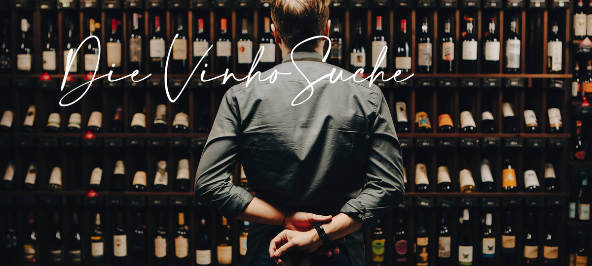 Im Bild sieht man einen Mann von hinten, der vor einem großen Weinregal steht. Bild für die Suchfunktion des Onlineshops der Vinho Bar in Wuppertal.