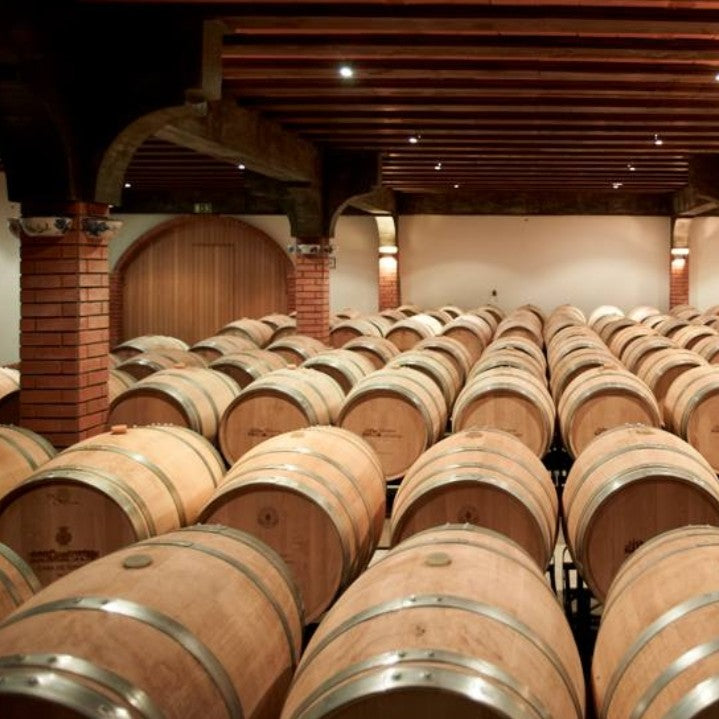 Reihen von Weinfässern aus Eichenholz in einem traditionellen, beleuchteten Barriquekeller des Weinguts Quinta de Cabriz in der Region Dão.