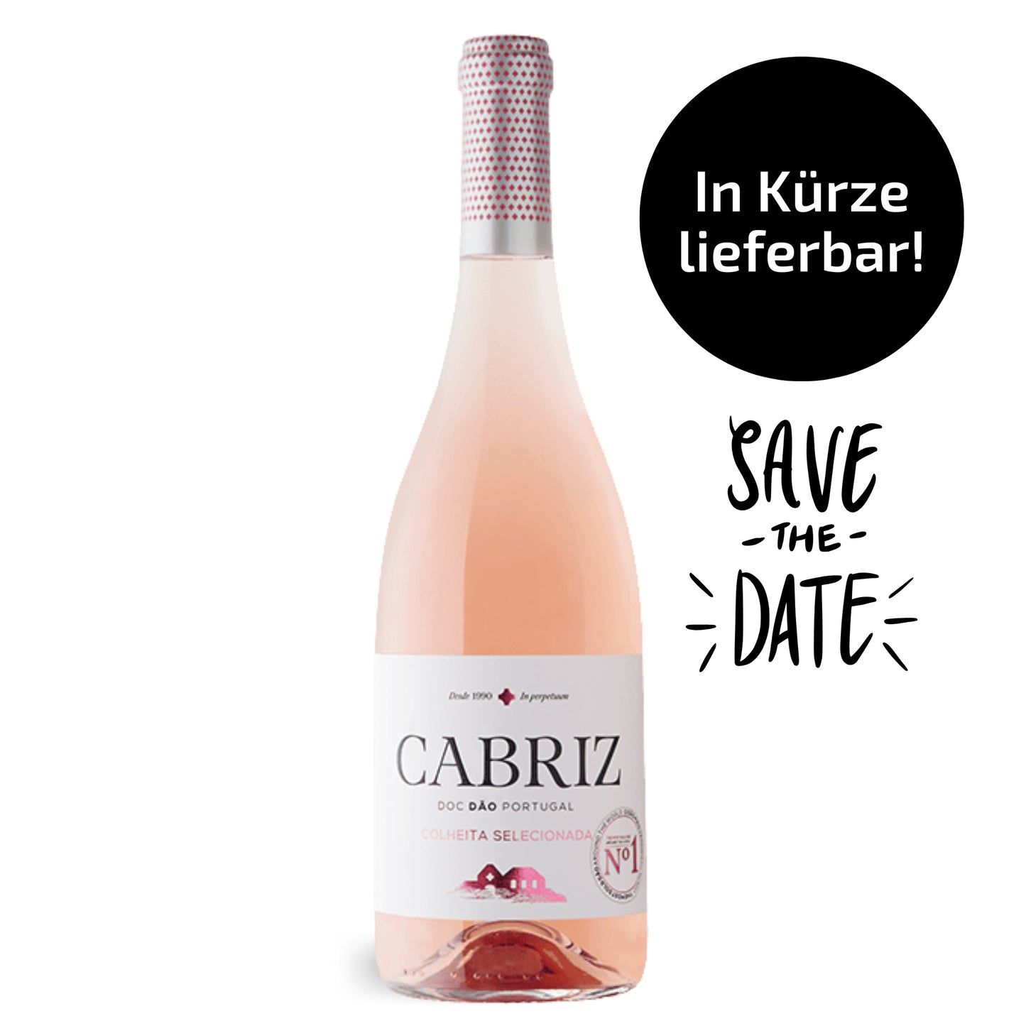 Eine Flasche Quinta de Cabriz Colheita Selecionada Roséwein, DOC Dão Portugal. Das helle Rosé ist in einer klaren Flasche mit weißem Etikett und einer rot-weißen Kapsel vor einem gespiegelten weißen Hintergrund abgebildet.