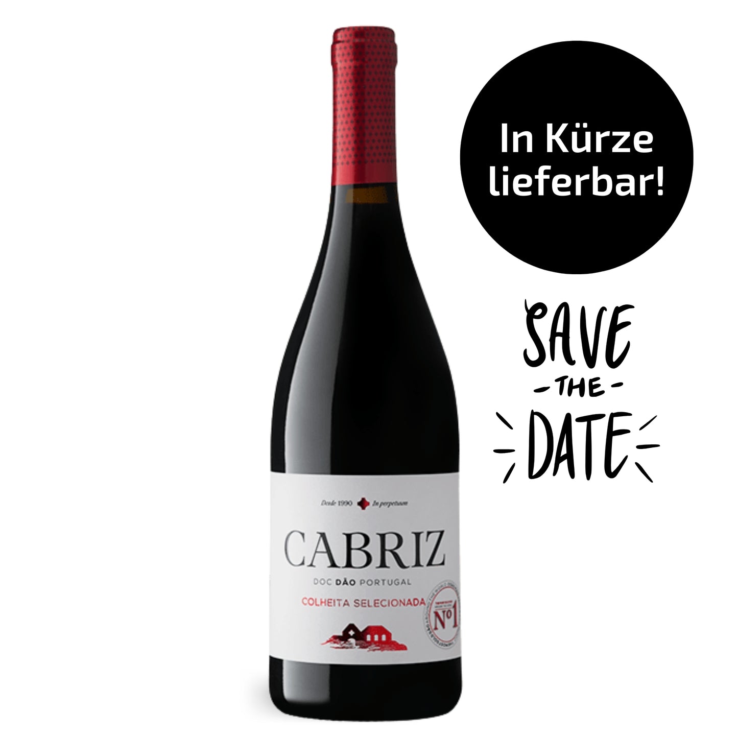 Eine dunkle Weinflasche Quinta de Cabriz Colheita Selecionada Rotwein 2023, DOC Dão Portugal. Das weiße Etikett zeigt rote Akzente, passend zur rot gemusterten Kapsel, vor einem hellen Hintergrund.