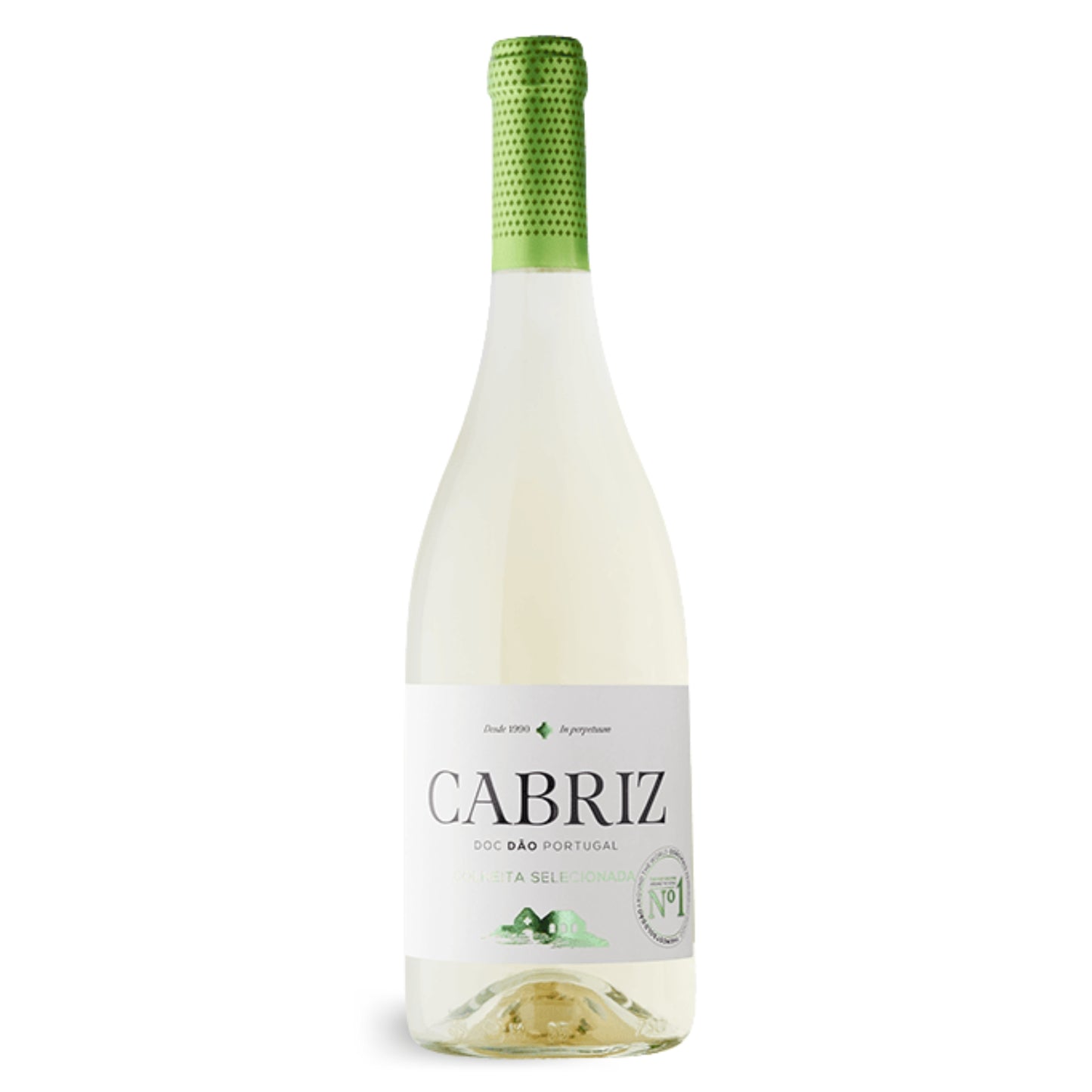 Eine Flasche Quinta de Cabriz Colheita Selecionada Weißwein, DOC Dão Portugal. Der klare, hellgelbe Wein ist in einer Glasflasche mit weißem Etikett und grün-weißer Kapsel vor weißem Hintergrund abgebildet.