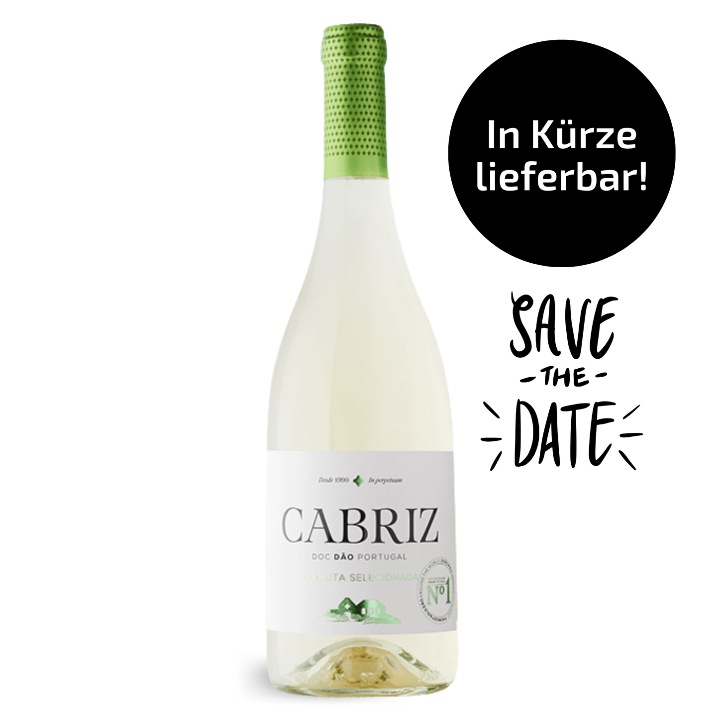 Eine Flasche Quinta de Cabriz Colheita Selecionada Weißwein, DOC Dão Portugal. Der klare, hellgelbe Wein ist in einer Glasflasche mit weißem Etikett und grün-weißer Kapsel vor weißem Hintergrund abgebildet.