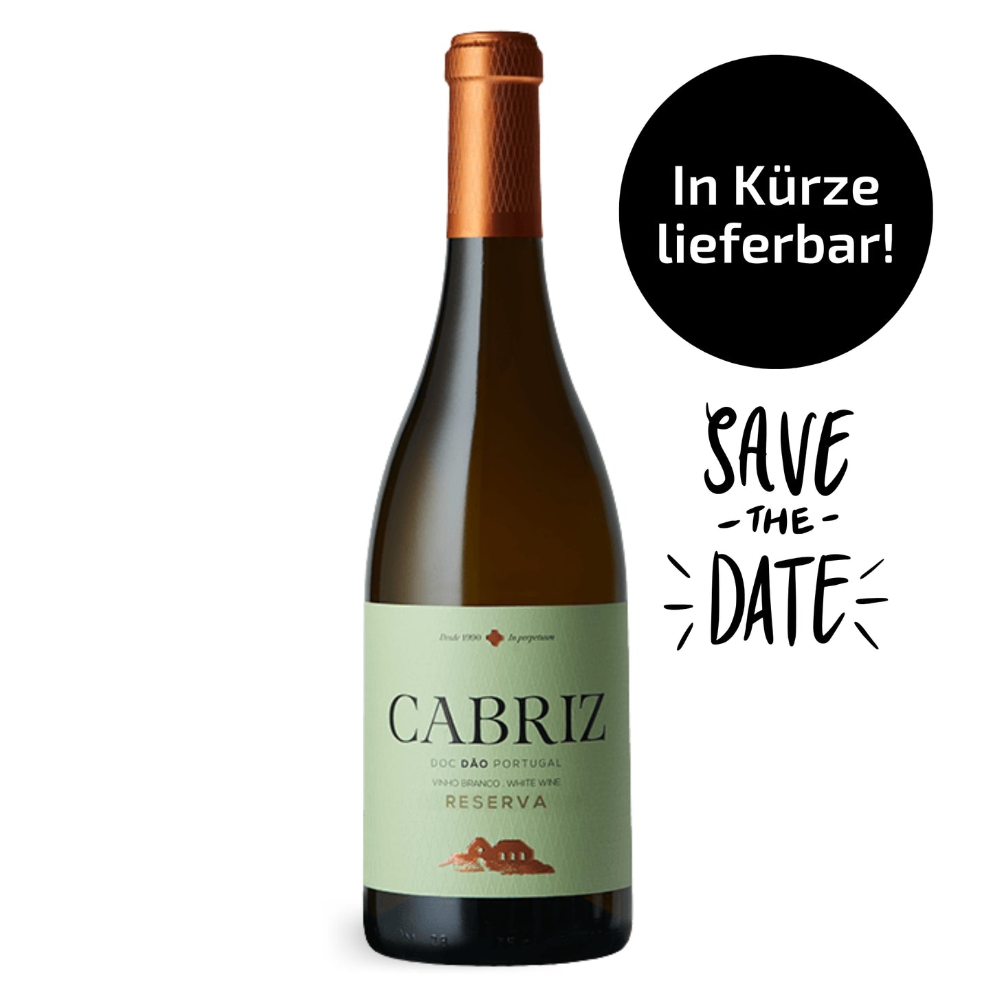 Eine Weinflasche des Cabriz Reserva Branco DOC Dão aus Portugal vor weißem Hintergrund. Die Flasche hat ein hellgrünes Etikett mit eleganter schwarzer Aufschrift, eine kupferfarbene Kapsel und enthält einen goldgelben Weißwein.